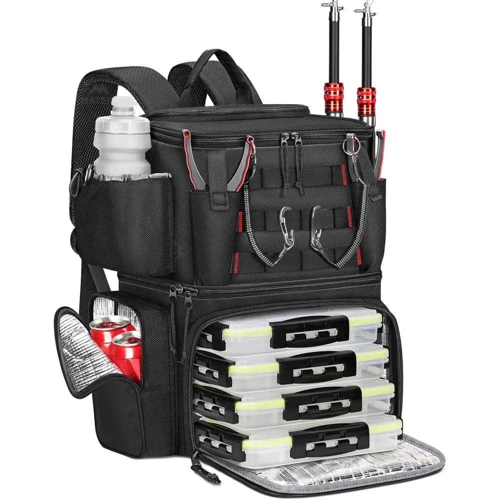 MATEIN Fishing Backpack with 4 boxes for equipment, fishing bag with candle holder and safety compass and cooling device, fishermen gifts