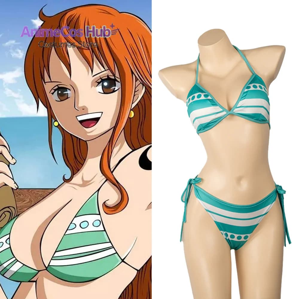 Anime Nami Cosplay Costumes Swimsuit Women Girl Bikini Suspenders Underwear Swimming Pool Party Bra Bathrobe Kimono Dress