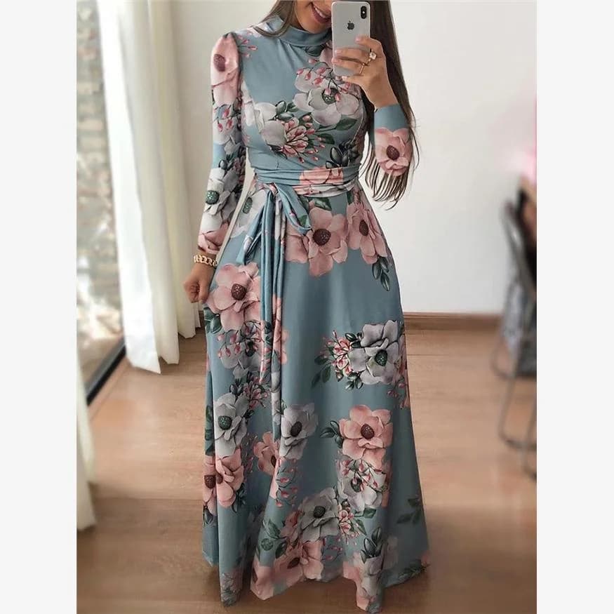 Autumn Winter Casual Print Belted Long Dress Women's Clothing Long Sleeve Maxi Dress Elegant Ladylike Style Spring Collection