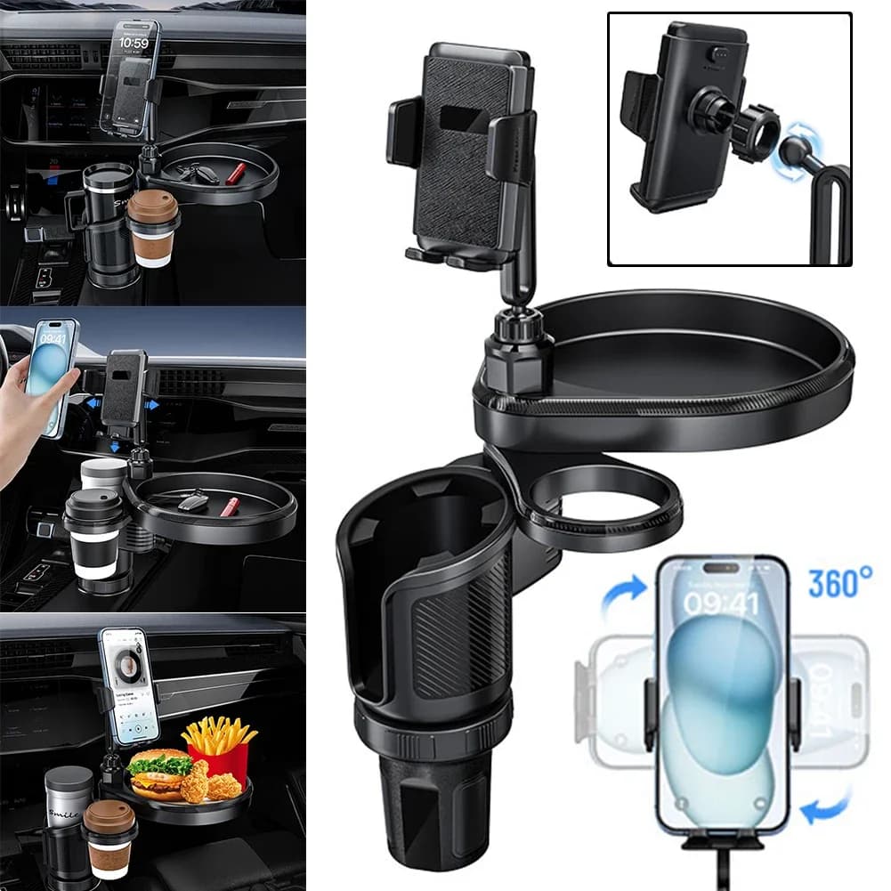 Portabevande per auto 4 in 1 360 ° Rotazione con supporto per telefono Organizzatore per auto 2 portabicchieri Viaggio su strada e gadget essenziali per viaggi in auto