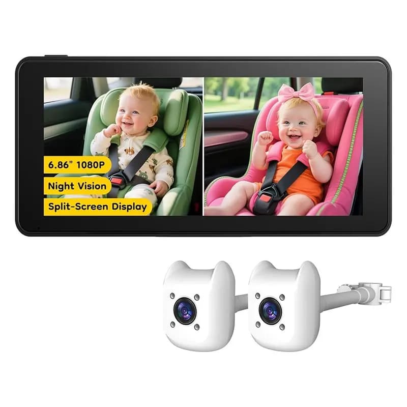 B50B-Double Baby per telecamera per auto-Per telecamera per sedile posteriore per auto-Monitor a schermo diviso da 6,86" 1080P, installazione semplice