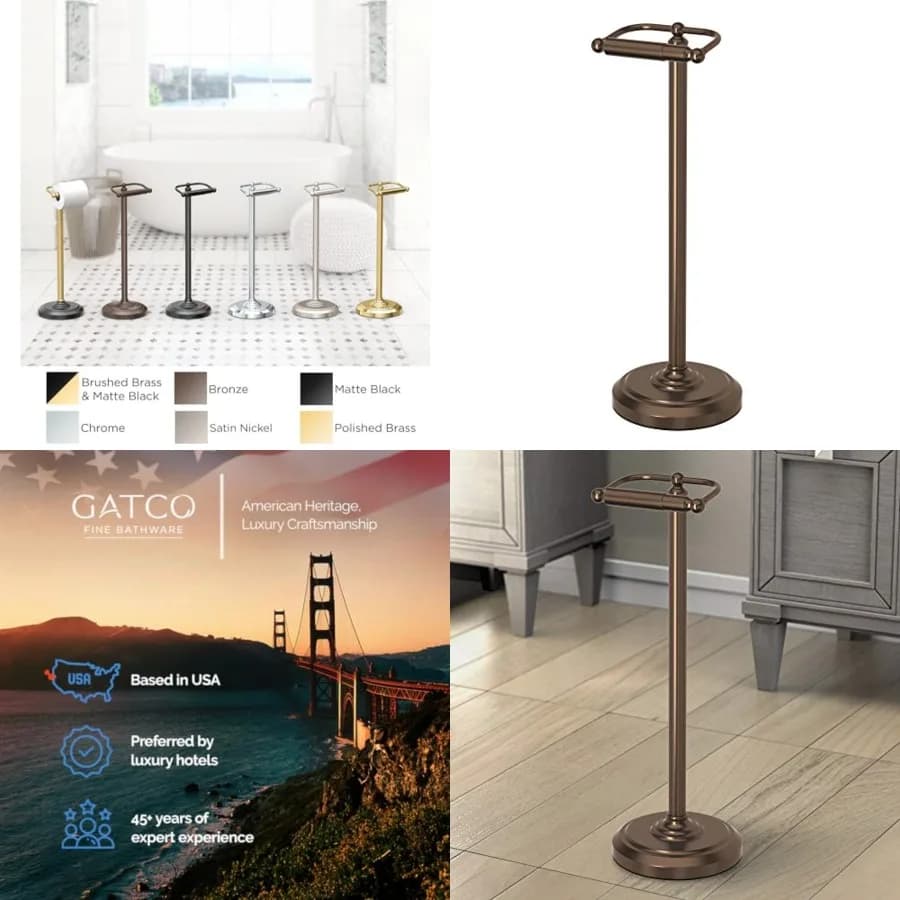 Portarotolo da terra 1436BZ, finitura bronzo, supporto da bagno autoportante, base appesantita