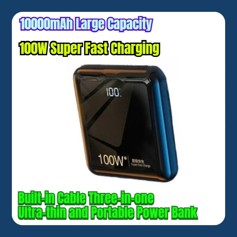 10000mAh Large Capacity 100W Super Fast Charging Built-in Cable Three-in-one Ultra-thin and Portable Power Bank