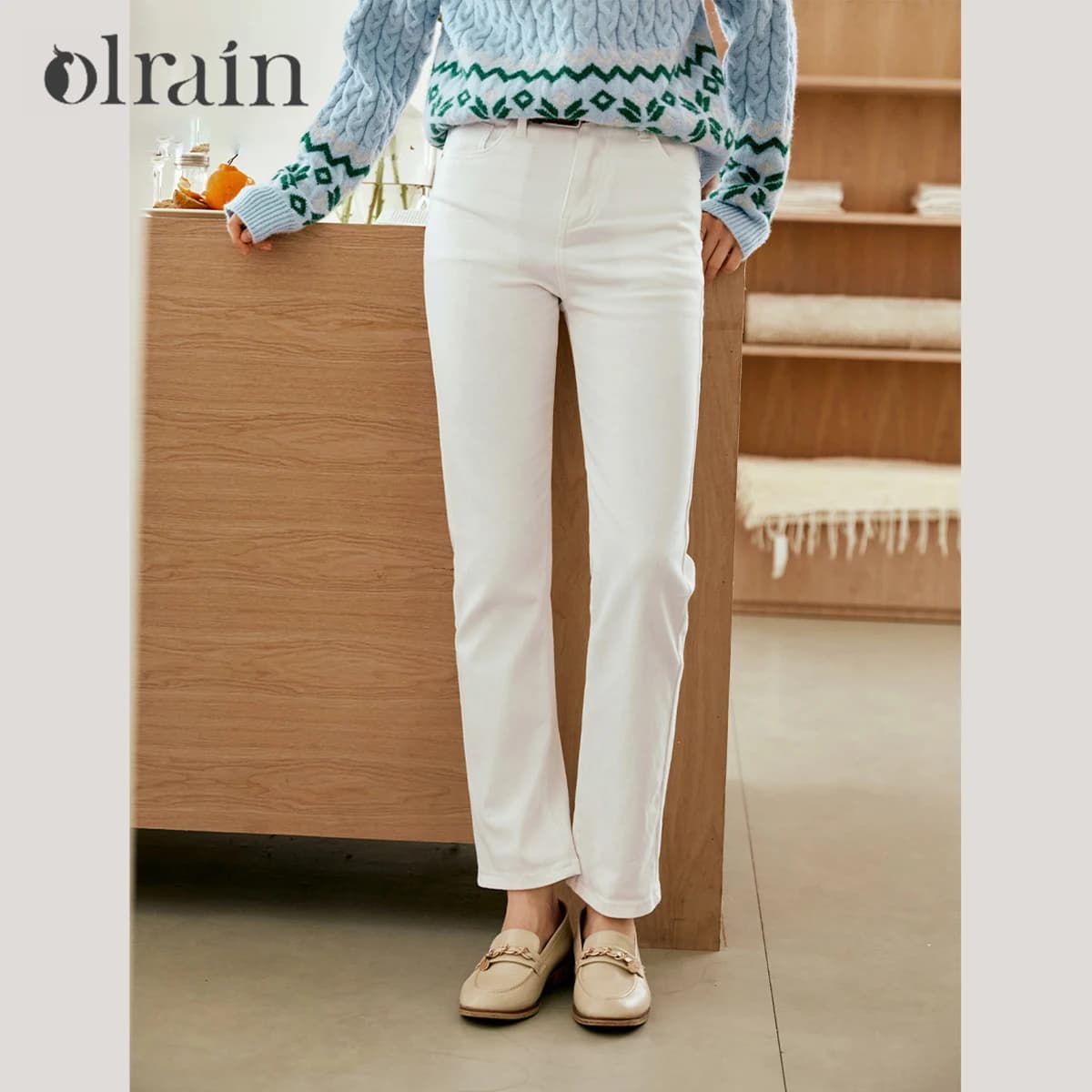 OLrain White Jeans for Women 2025 Autumn Casual High Waist Pants Commuter Cotton Straight Leg Female Denim Trousers WN56QA93303