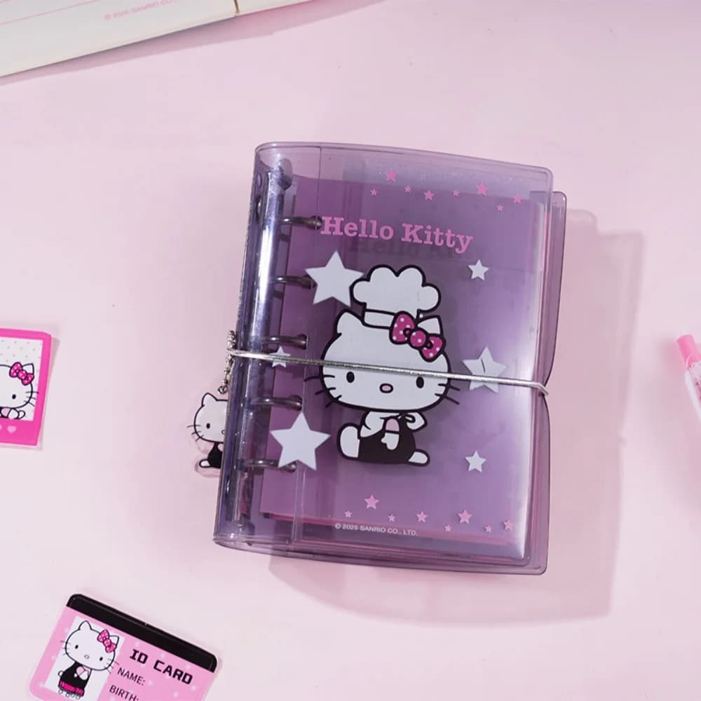 Quaderno a Fogli Mobili Sanrio Hello Kitty M5 Originale con Copertina Trasparente, Motivo Rosa e Viola, Raccoglitore Portatile per Scuola e Ufficio