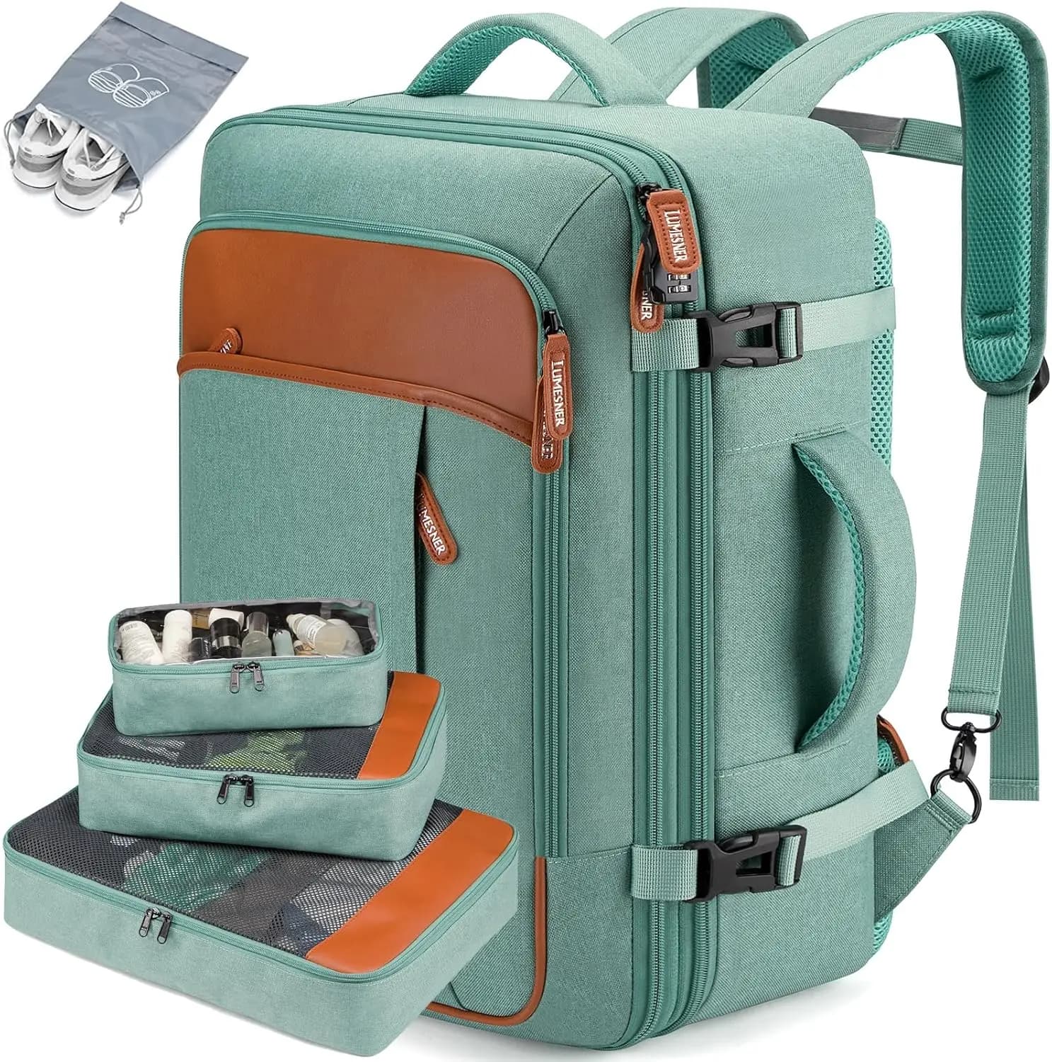 Expandable 40L Travel Backpack with USB Port, Water Resistant, Includes Organizing Cubes for Men and Women