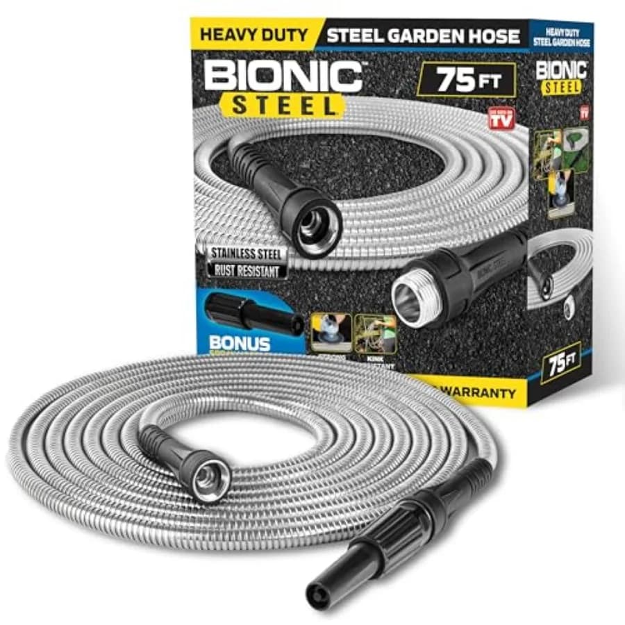 75 Ft Garden Hose 304 Stainless Steel, 75 Ft Water Hose, Super Tough and Flexible Metal Hose, Lightweight, Crush Resistant Fitt