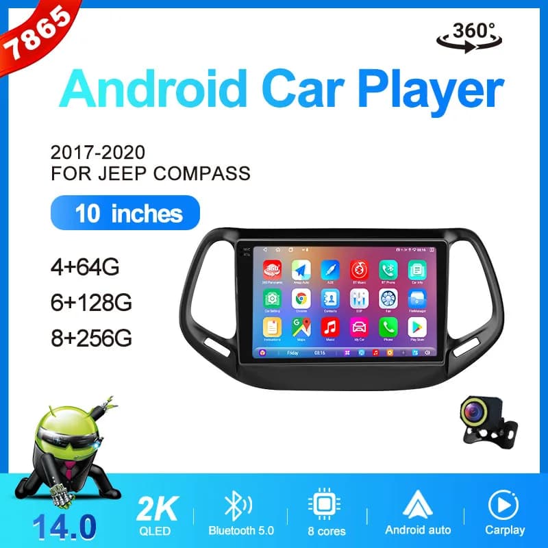 MeiHua 10 Inch 2K For Jeep Compass 2017-2020 Car Radio Android 14 Multimedia Video Player GPS AI Voice CarPlay Auto 4G Vertical