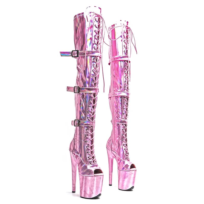 Leecabe 20CM/8inches holographic shiny PU open toe Trendy fashion High Heel platform party stripper heel Pole Dance boots
