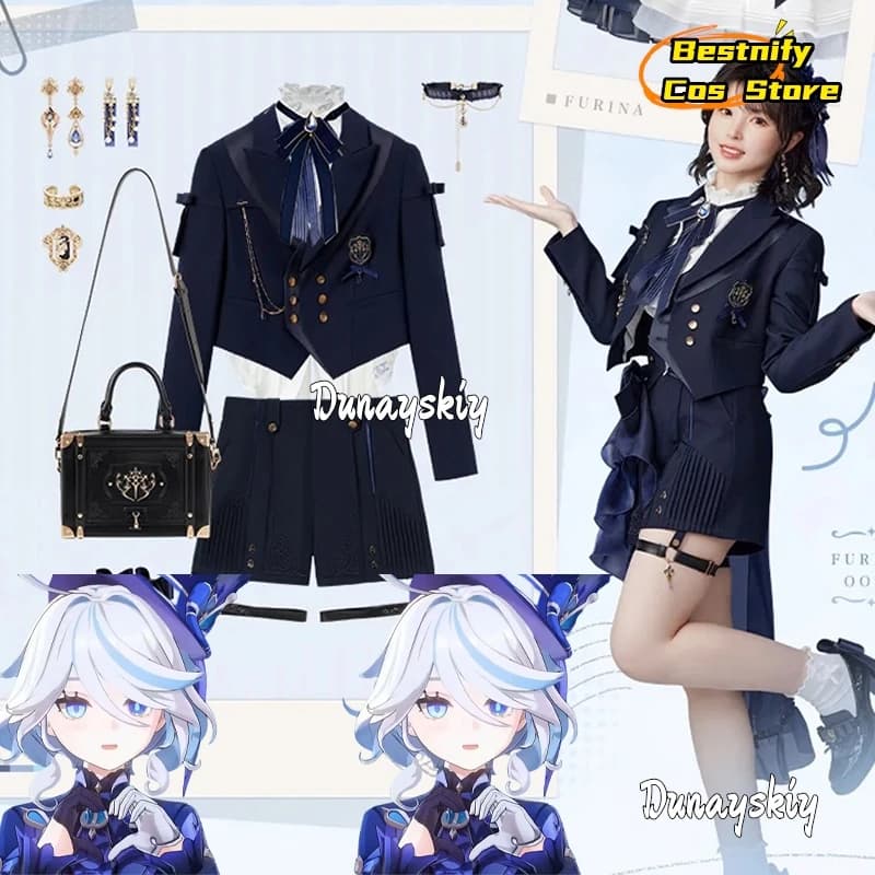 Gioco Genshin Impact Furina Cospaly Costumi Camicie nere/bianche Giacche Set completo Furina Gioco di ruolo Street Corner Abbigliamento quotidiano