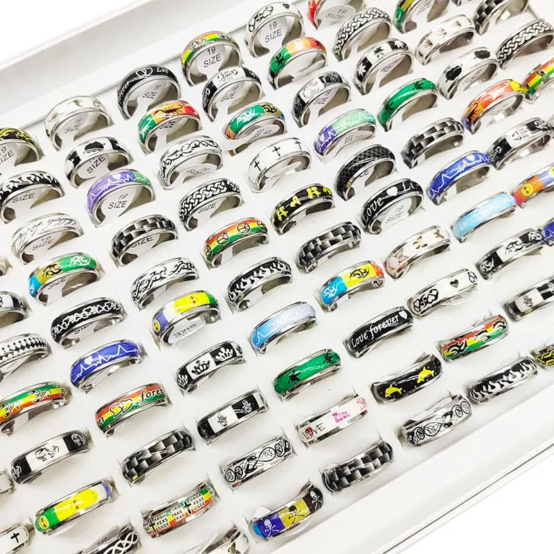 50pcs/Lot Wholesale New Mix Style Stainless Steel Finger Rings for Women Male Fashion Black White Wide Joint Ring Party Bar Gift