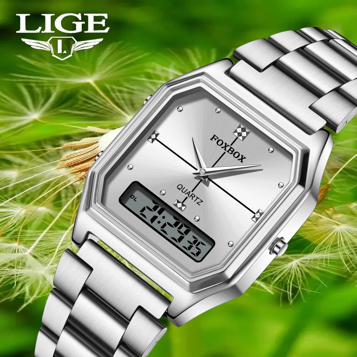 Orologi al Quarzo di Lusso FOXBOX per Donna, Quadrante Quadrato in Acciaio, Impermeabili, Doppio Fuso Orario, Sportivi, Casual, Digitali, Orologi da Polso per Ragazze