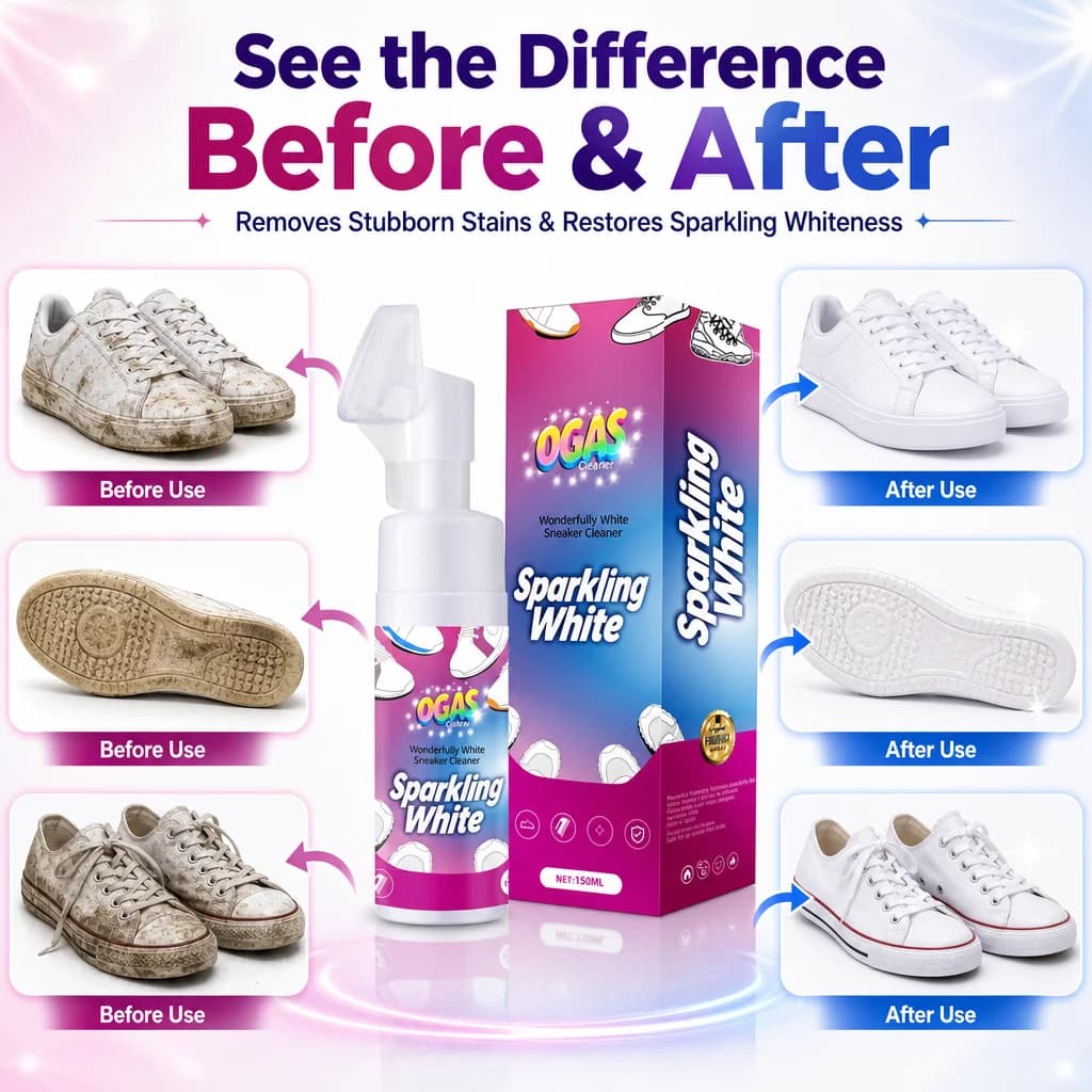 OGAS Detergente per Scarpe Bianche 150ml, Schiuma Senza Risciacquo con Spazzola Integrata, Anti-ingiallimento, Decontaminante e Illuminante, con Panno per la Pulizia