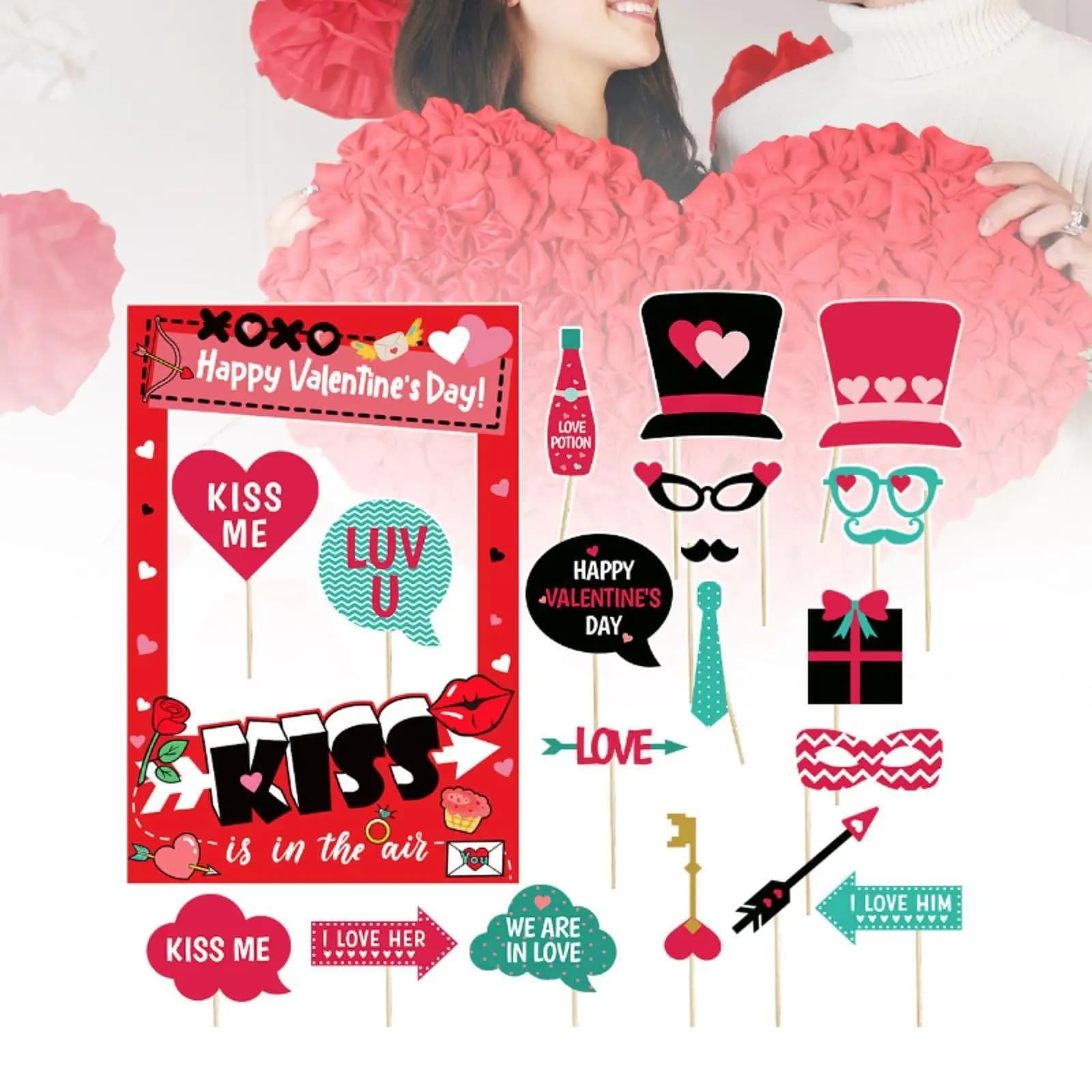 61x Accessori per Foto di San Valentino con Bastoncini per Selfie, Sfondo Portatile e Leggero