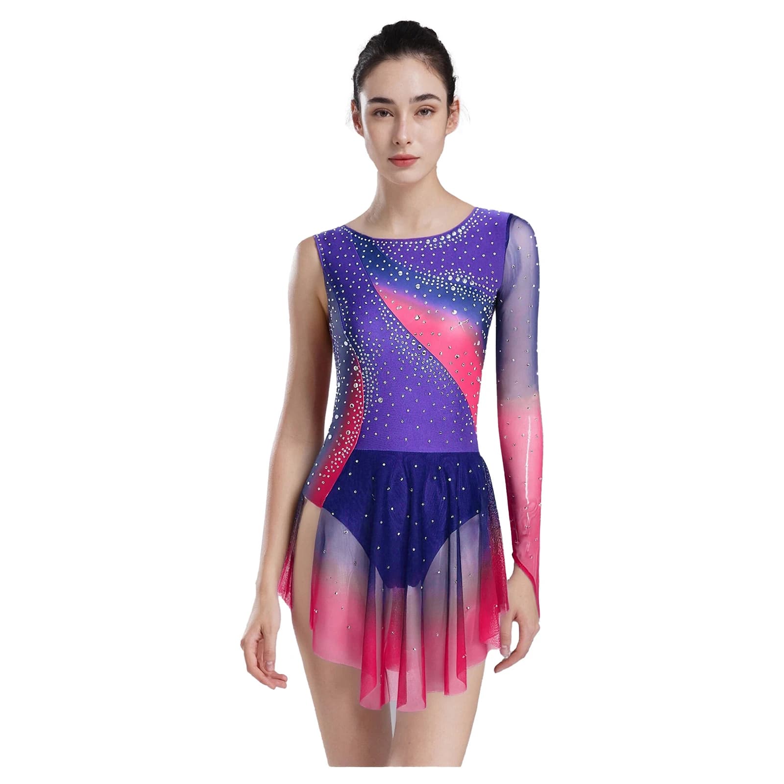 Body da pattinaggio di figura sfumato da donna Vestito da ginnastica ritmica Balletto Costumi di danza Strass Body con orlo a rete irregolare