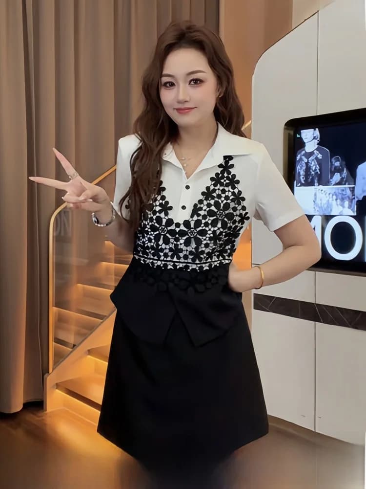 Elegant Lace Trim Short Sleeve Shirt A-Line Skirt Set plus Size Women Summer New Style Commute Korean Loose Fit High Waist