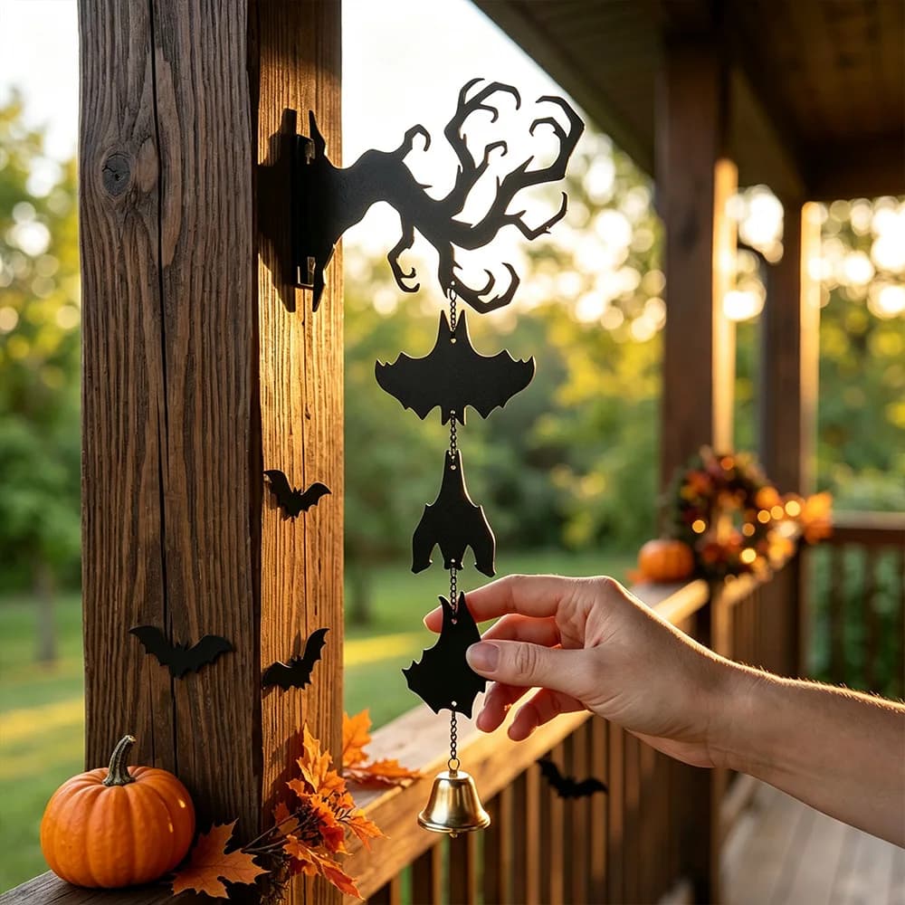 Halloween Dead Tree Bat Wind Chime Hanging Decoration, Matte Black Metal Upside-Down Branch with Bell Pendant, Halloween Atmosphere Decoration for Entryway, Hallway, Courtyard, and Wall