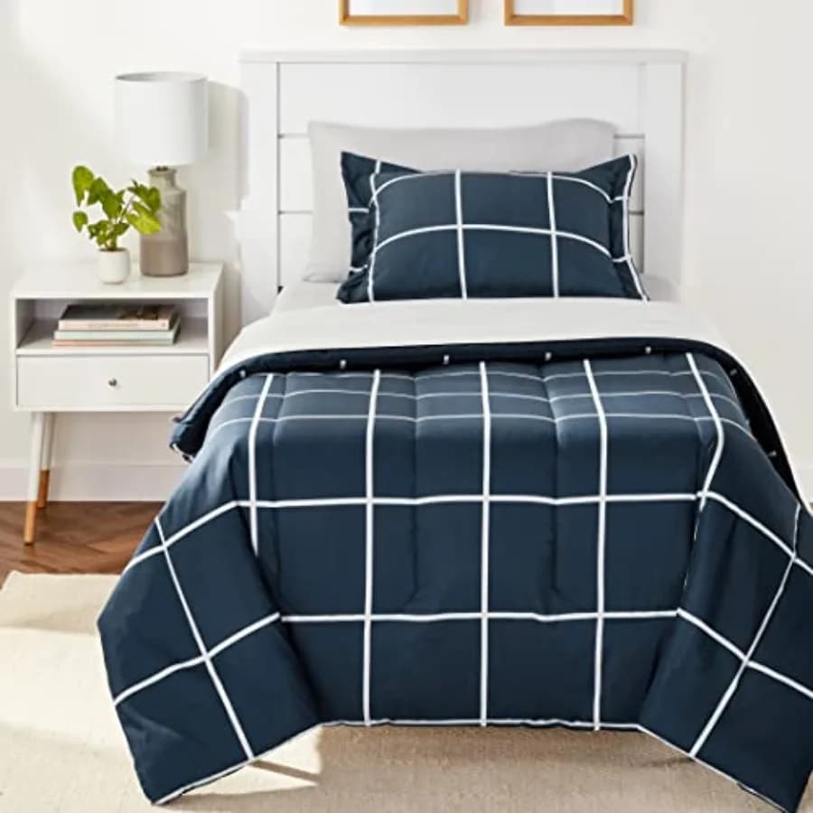 Set da 5 Pezzi con Lenzuola, Set Letto Completo Blu Navy con Motivo a Quadri Grigio
