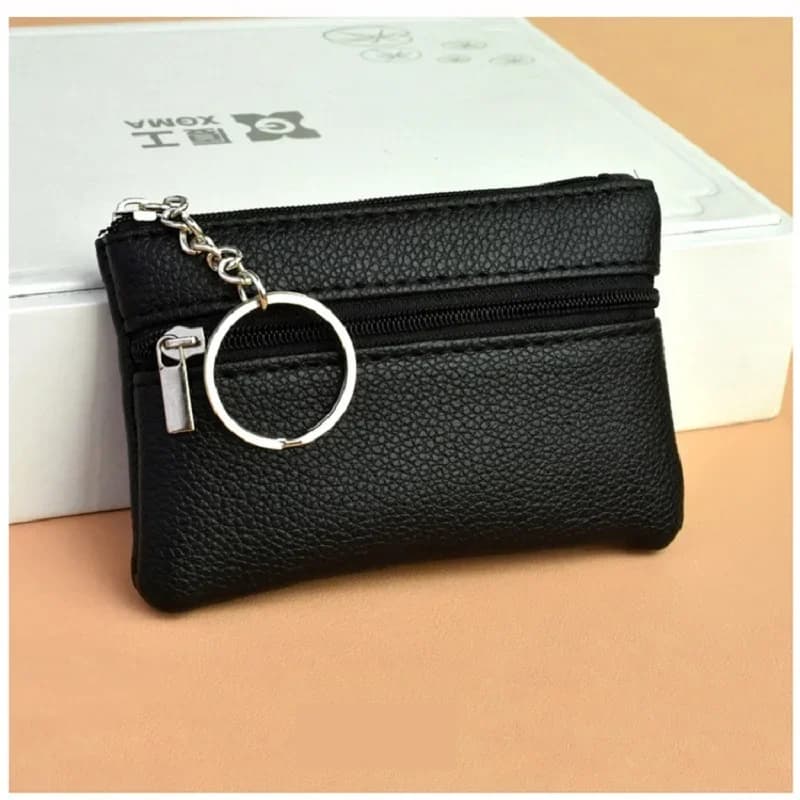 Black Lychee Grain Faux Leather Mini Zipper Coin Purse with Metal Key Ring, Double-Layer Zipper Design Small Card Pouch for Coins, Bank Cards and Keys, Portable Change Wallet for Daily Use