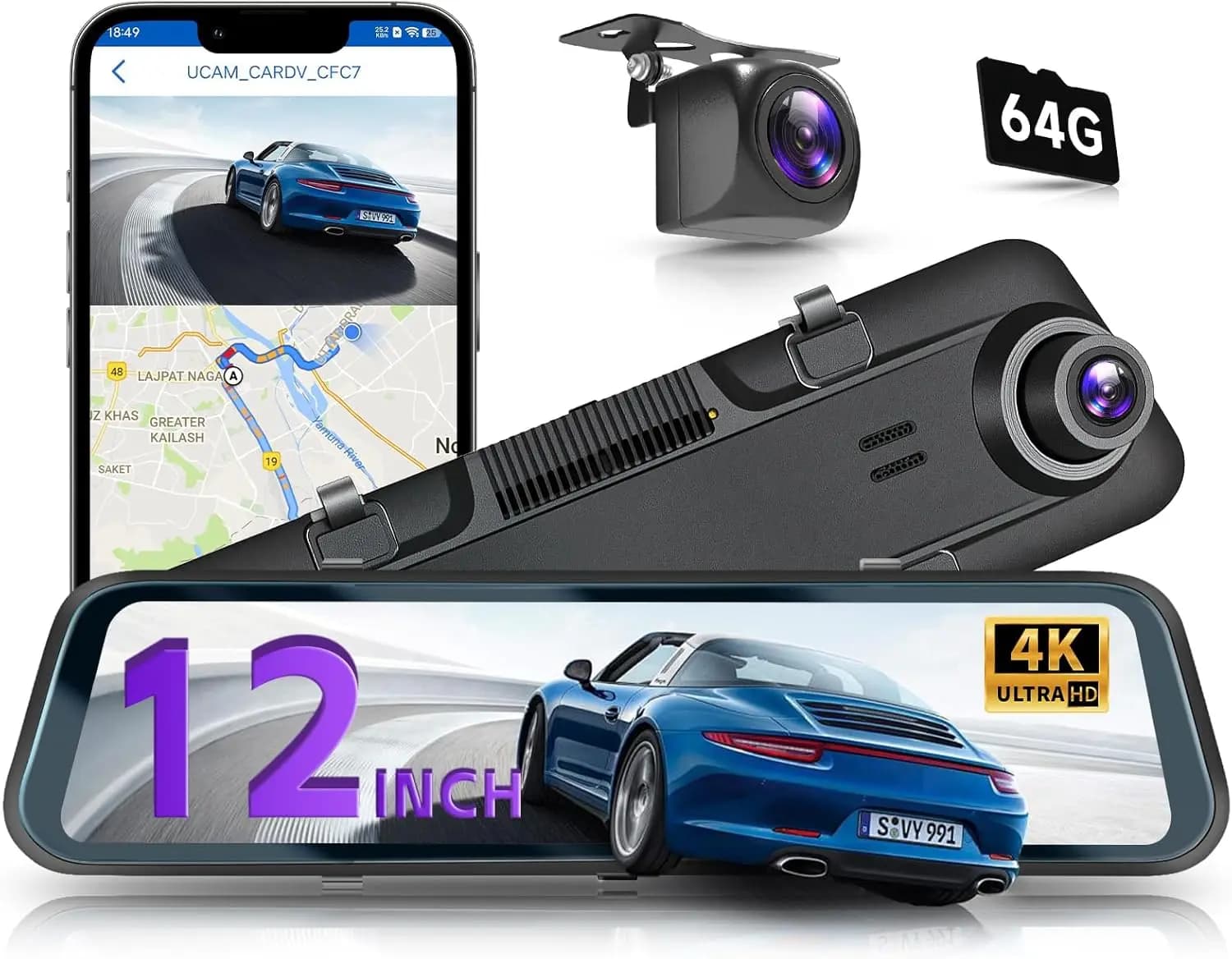 Dash Cam 12 inch mirror 4K with GPS, WiFi, night vision, ADAS, BSD, LCA, G sensor, loop recording + 64 GB SD card