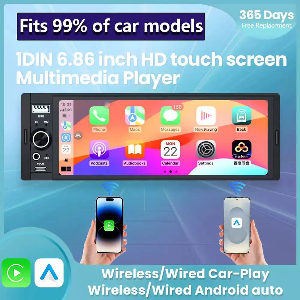 Autoradio Multimediale MP5 IPS da 6,86 Pollici con Carplay Wireless e Android Auto, 1 Din, Bluetooth, Stereo, Supporto FM, WiFi e Telecamera Posteriore