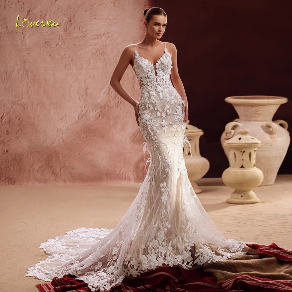 Abito da Sposa Sexy Stile Sirena Loverxu, Scollatura a Cuore, Spalline Sottili, Vestito da Sposa con Ricami in Pizzo, Elegante e su Misura