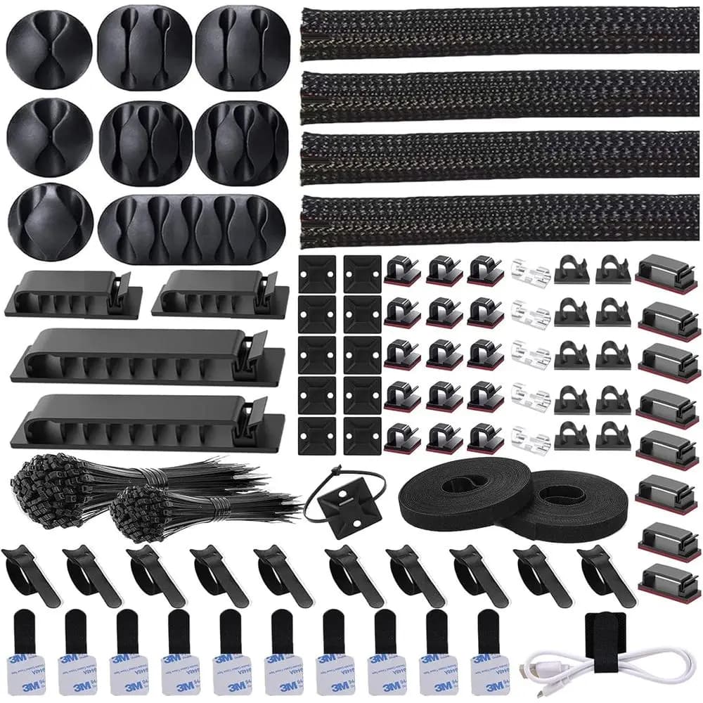Kit Organizzatore per Gestione Cavi: 4 Divisori per Cavi, 53 Clip, 12 Supporti per Cavi, 22 Fascette, 20 Fascette Adesive da Parete, 200 Fascette per Cavi per H