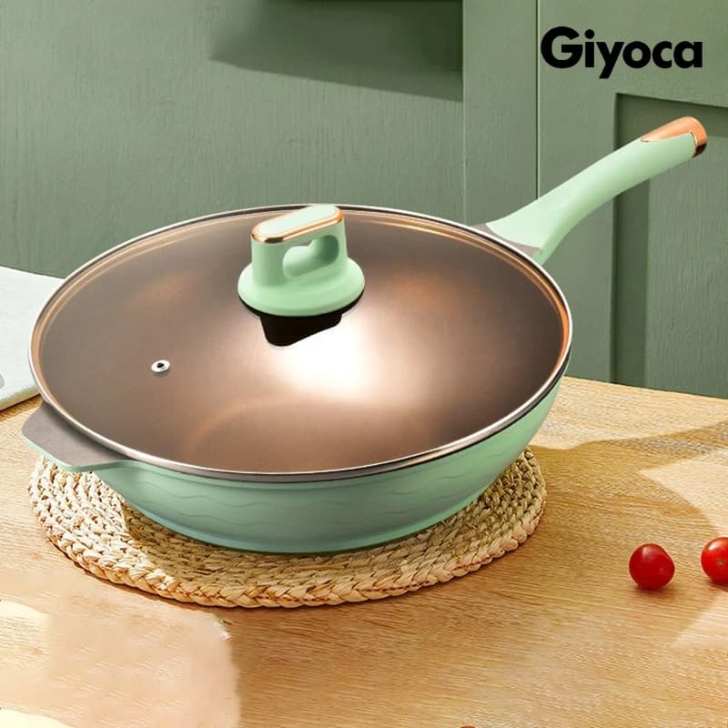 Giyoca 32cm Argilla Wok Non-stick pan with glass lid Home Use pan Kitchen Pot Universal Stove
