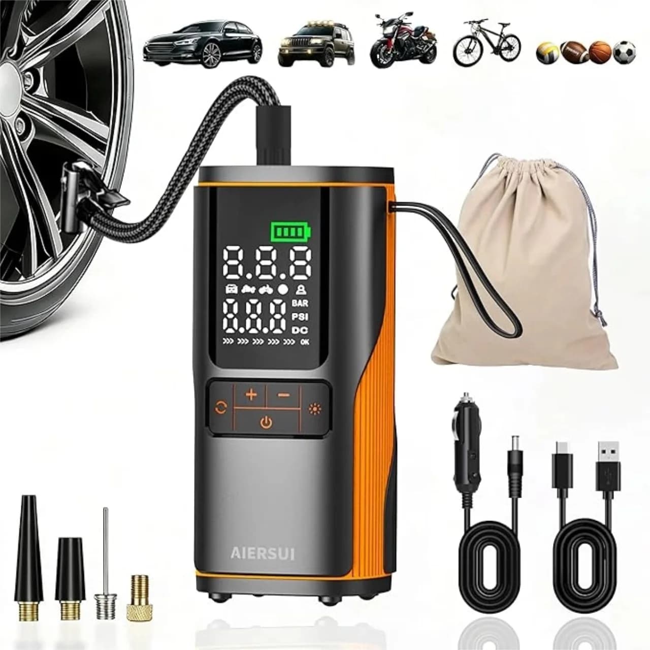 Compressore d'aria per pneumatici auto 150PSI, pompa elettrica digitale per auto, moto, biciclette e palloni