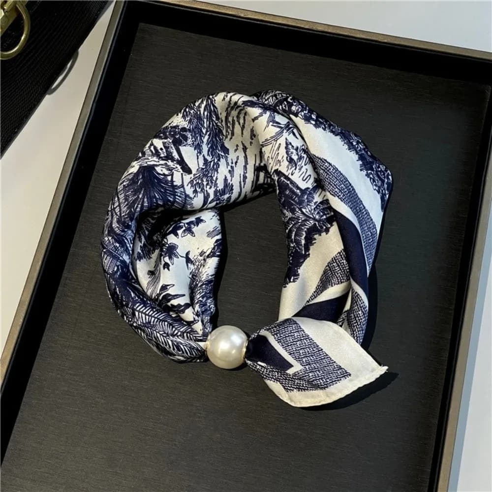 New Pearl Buckle Silk Scarf Printed Soft Neck Scarf Lightweight Thin Neckerchief Women