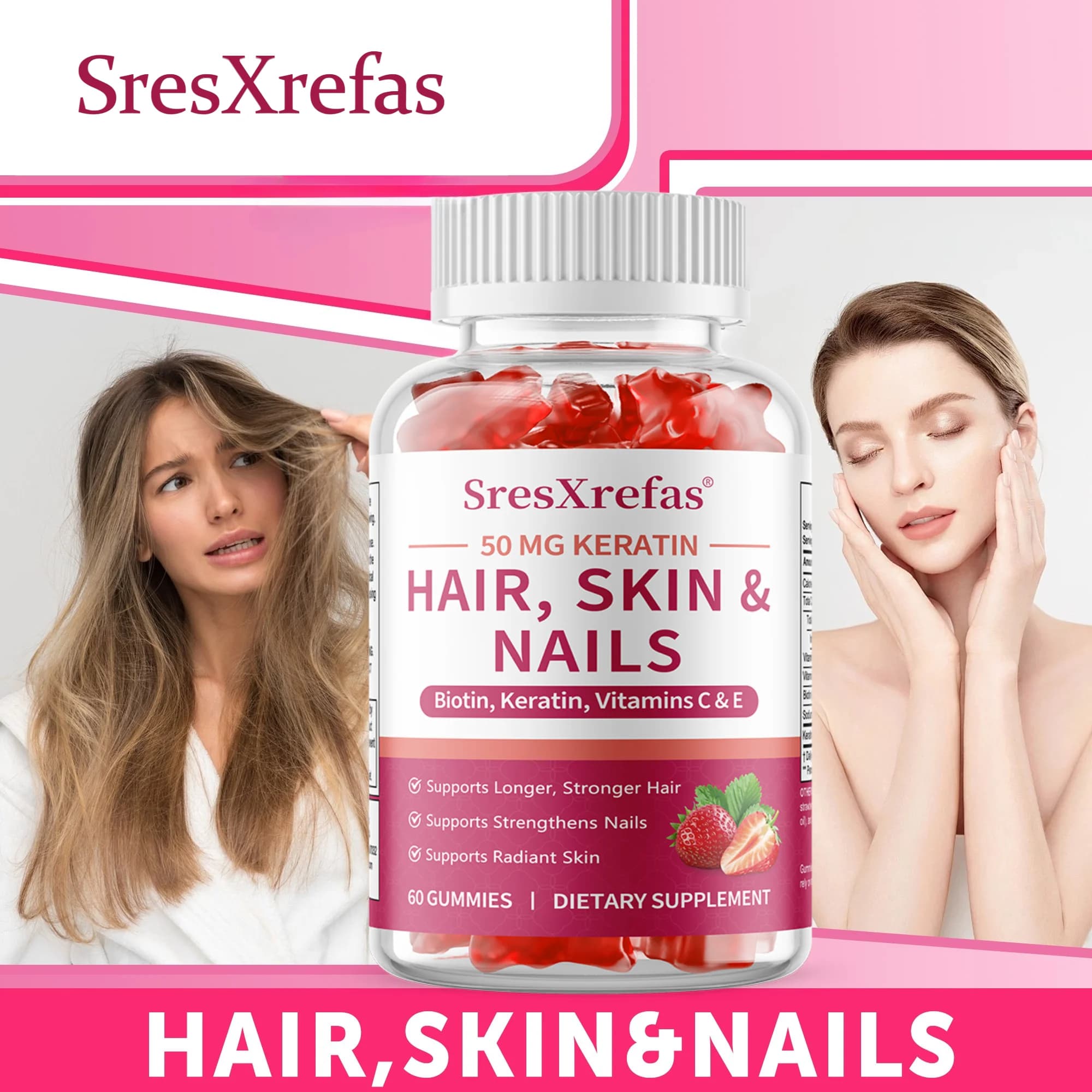 Gommose per Capelli, Pelle e Unghie, Biotina e Collagene ad Alta Potenza, Favoriscono la Crescita dei Capelli, Unghie Forti e Pelle Radiosa, Antiossidante