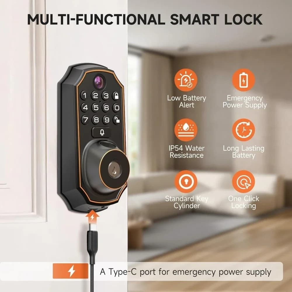 Serratura Intelligente per Porta con Spedizione USA, Ingresso Senza Chiave con Telecamera, Impronta Digitale, Tastiera, Controllo App, Sblocco Automatico, Scrocco Elettronico