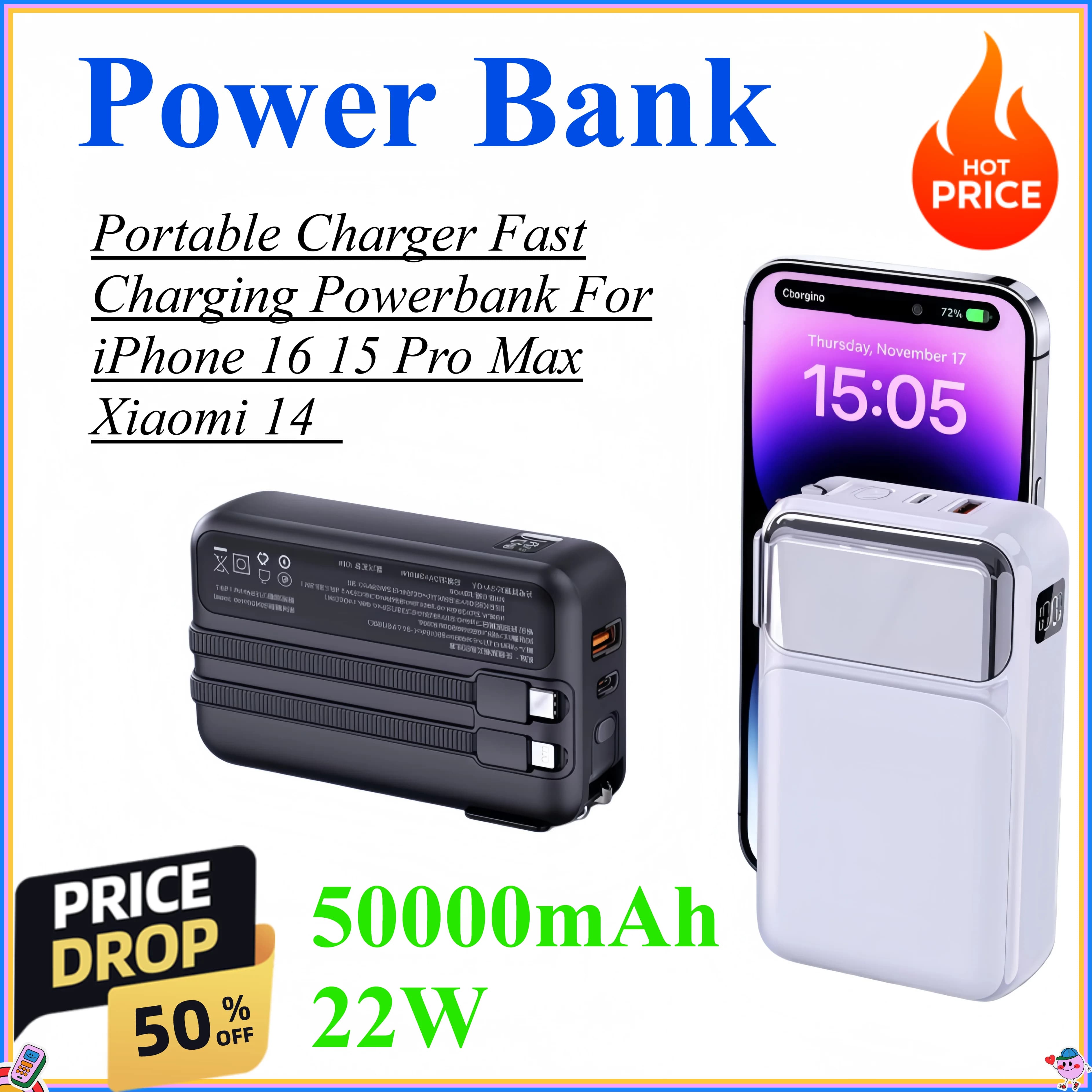 Power Bank Portatile da 50000mAh 22W, Caricabatterie Rapido per iPhone 16 15 Pro Max Xiaomi 14, Batteria Esterna
