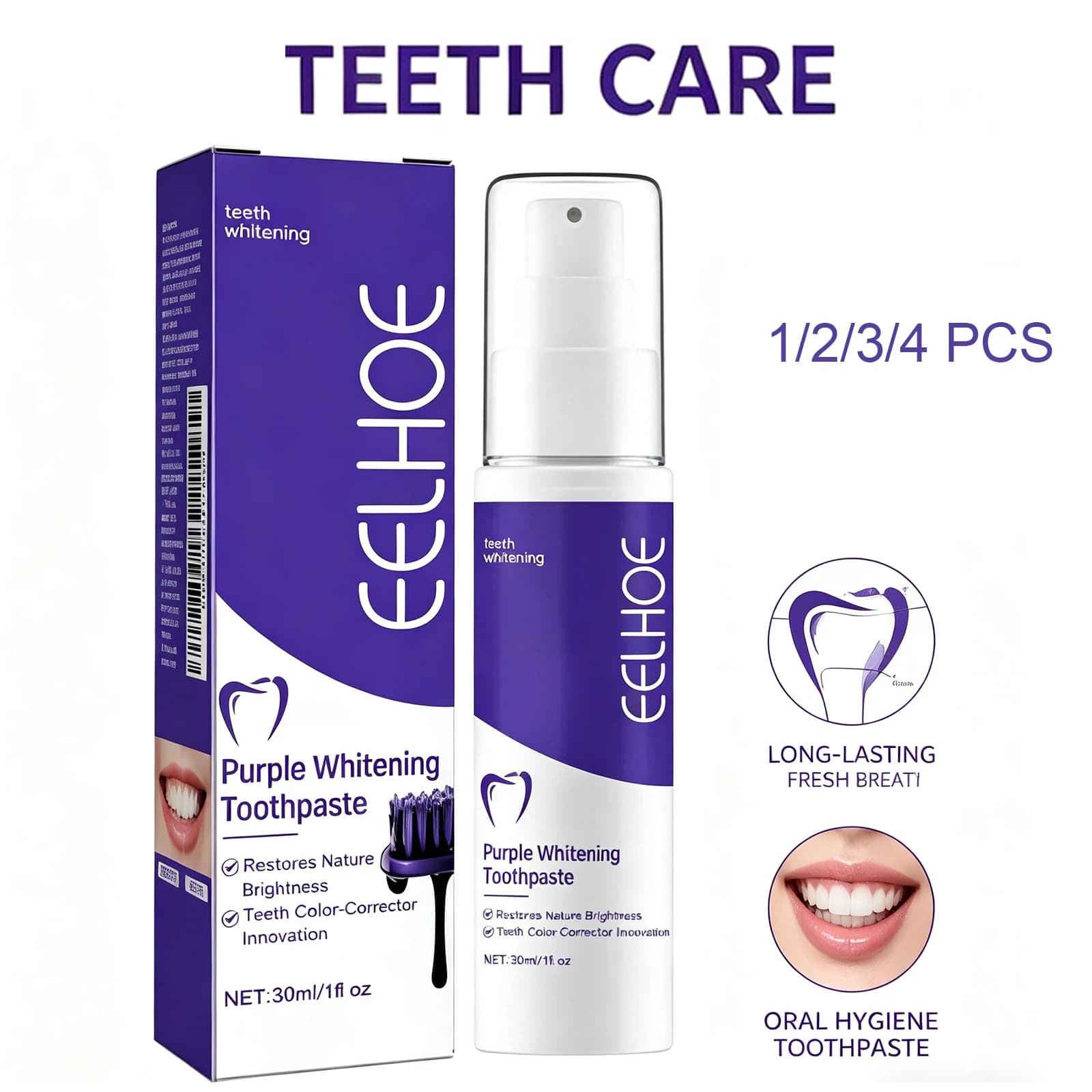 Dentifricio Viola Sbiancante, Rimuove Macchie Gialle, Combatte il Tartaro, Alito Fresco, Igiene Orale, Cura dei Denti, Dentifricio Detergente