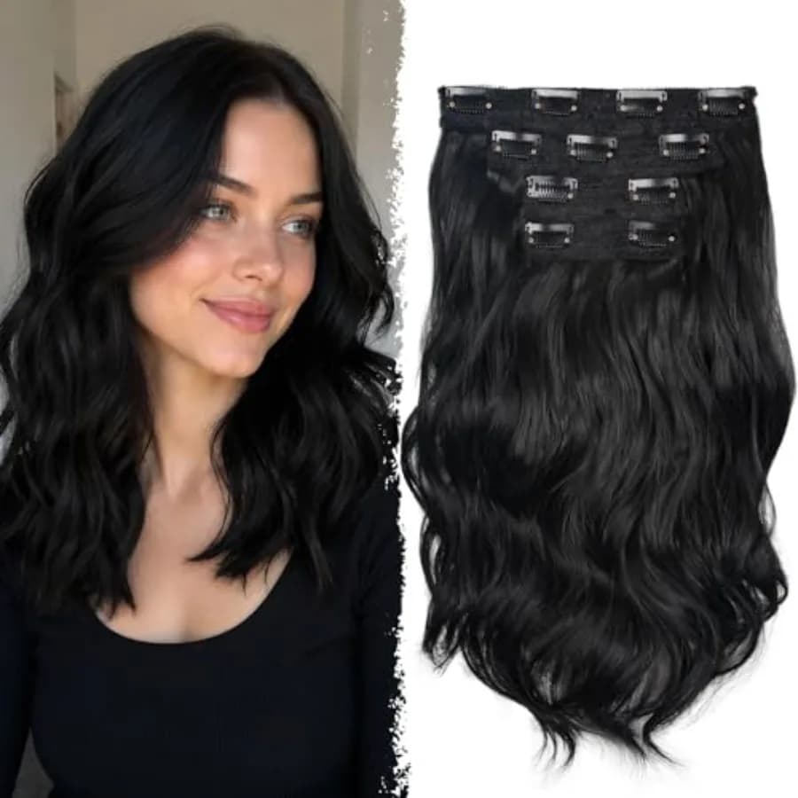 14 Inch Black Hair Extensions - Wavy Synthetic Clip in Hair Extensions For Women And Girls Color: Black
