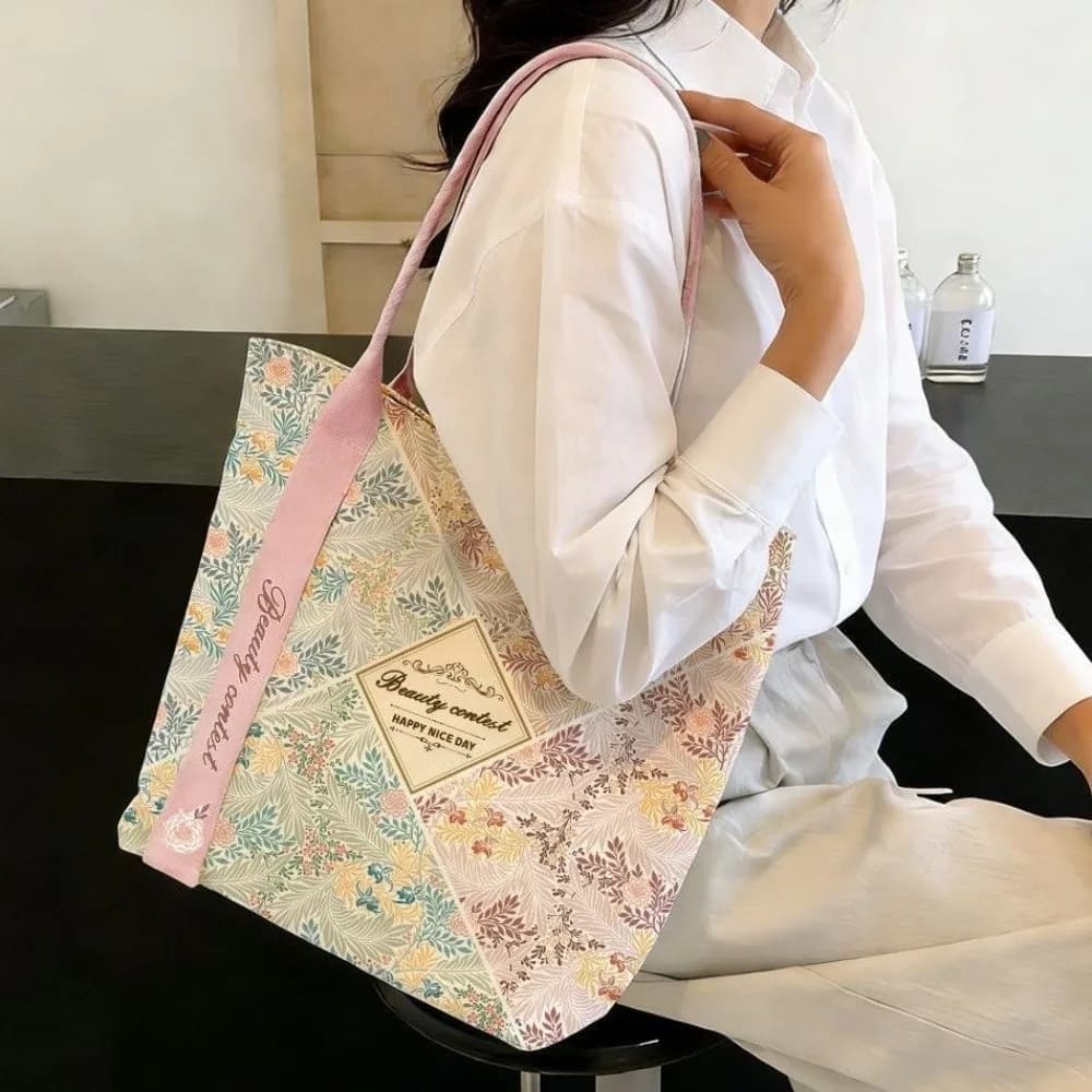 Fashion Floral Canvas Tote Bag Large Capacity Reusable Commute Handbag Lightweight Shoulder Bag For Students