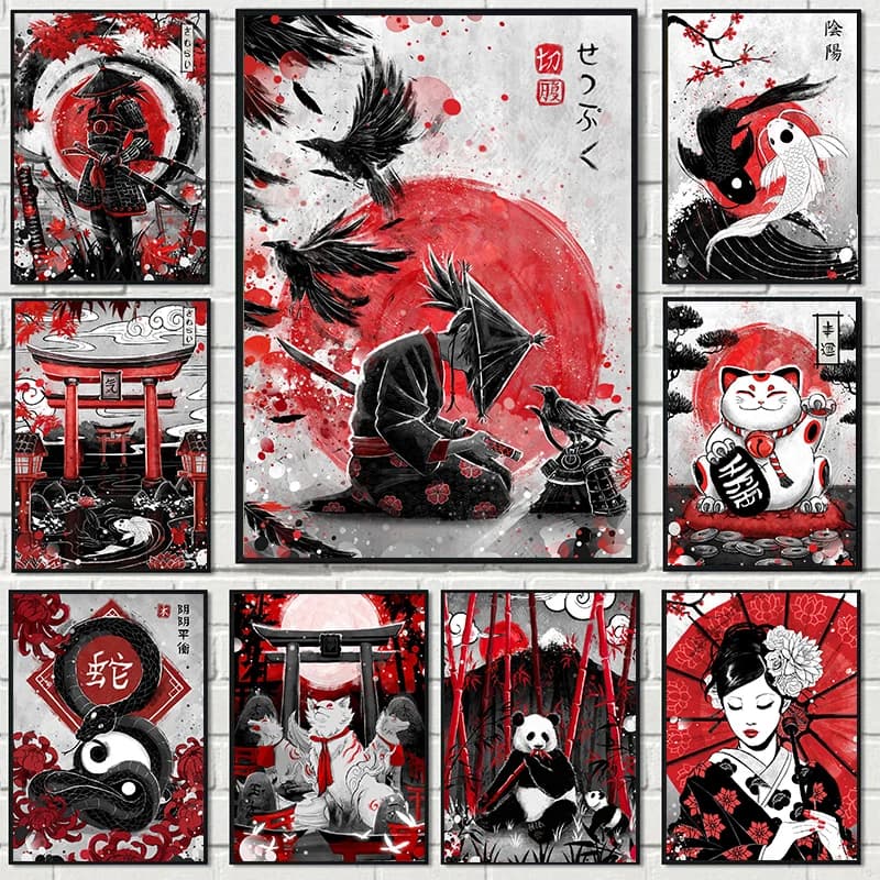 Poster Moderno Nero e Rosso con Spiriti Giapponesi: Geisha, Samurai, Gatto, Monte Fuji - Quadro Diamantato da Parete per Soggiorno e Decorazione Casa