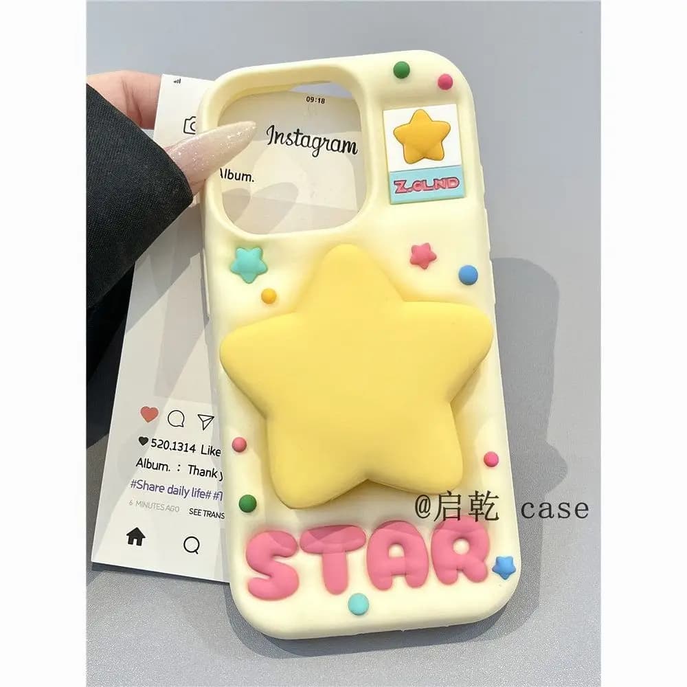 Star Mirror Holder Silicone Phone Case For iPhone 16 Pro Max 17 16 15 14 13 Shockproof Protective Cover