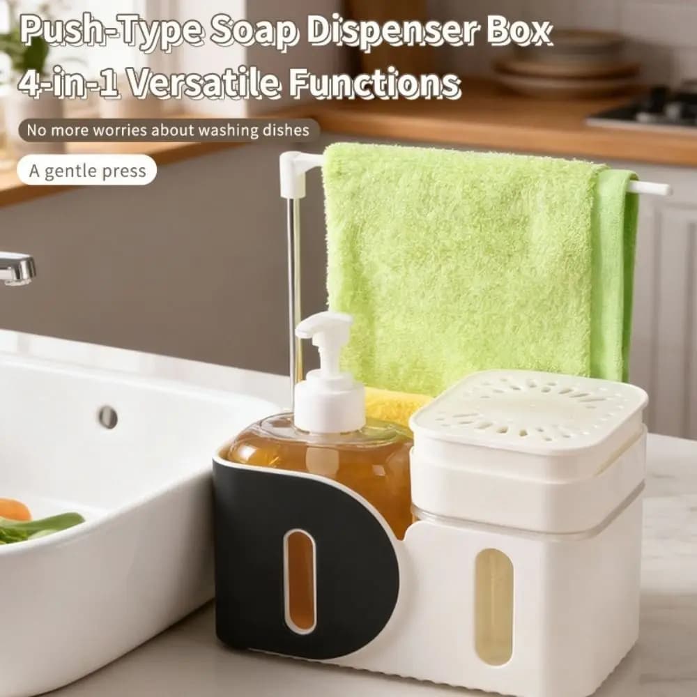 Set Dispenser di Sapone per Mani e Piatti in Plastica Ricaricabile, Porta Spugna 4-in-1, Dispenser di Sapone Doppio