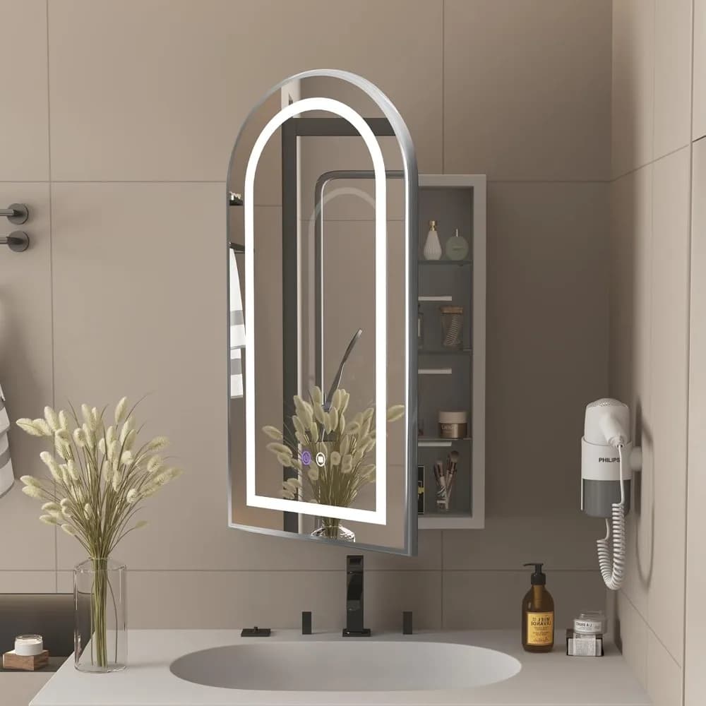 Mobiletto da bagno 20x36'' con specchio, LED illuminato da incasso, rettangolare con cornice in metallo in acciaio inossidabile, armadietto dei medicinali accurato