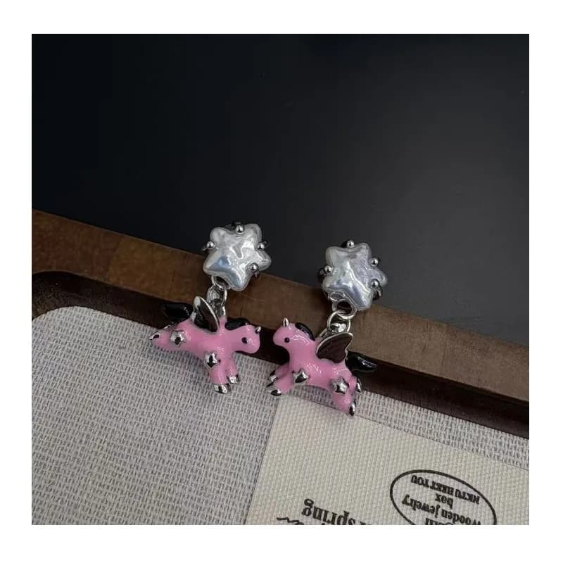 Unicorn Series Pink Enamel Pony Star Pearl Earrings Female Sweet Girl Niche Earrings Earrings Tide