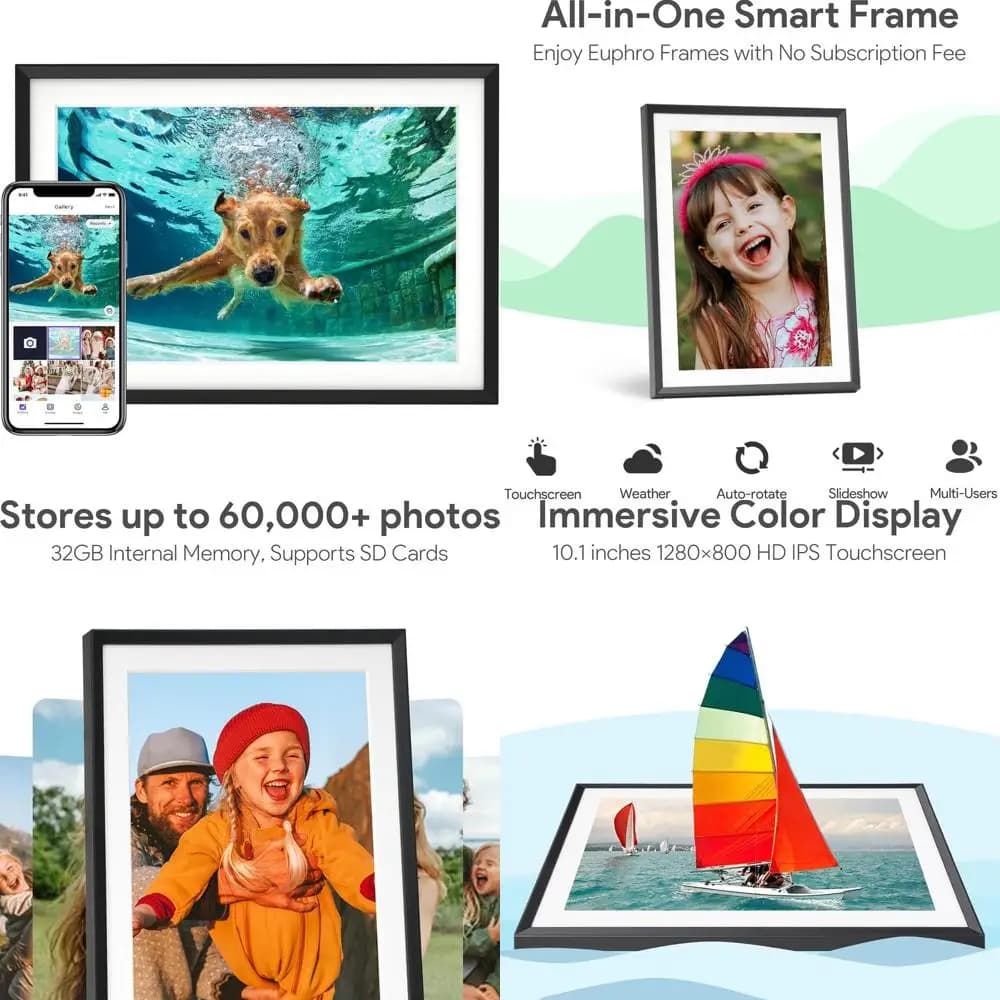 Cornice per foto digitali con touchscreen IPS da 10,1 da 32 GB, risoluzione 1280x800, condividi contenuti multimediali e saluti con app gratuita