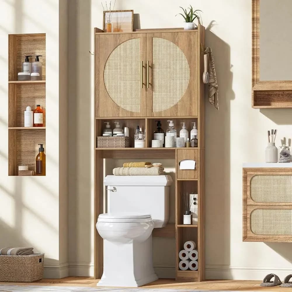 Mobiletto WC Salvaspazio in Rovere con Ripiani Regolabili e Portarotolo