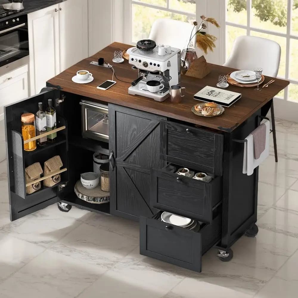 Isola da Cucina Mobile con Piano in Legno, Bancone per Colazione, 3 Cassetti, Presa di Corrente, Portaspezie e Portasciugamani (Nero)