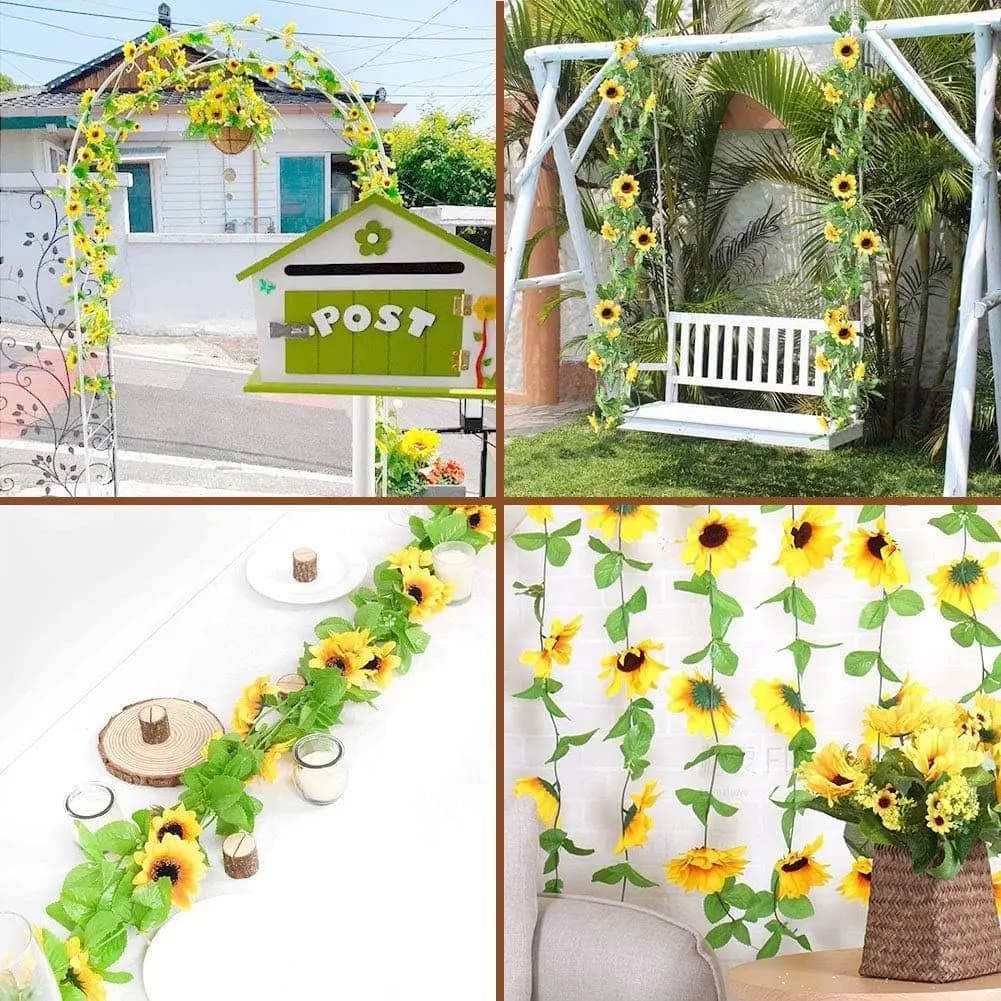 Artificial Sunflowers Garland in Silk, Yellow Flowers with Green Leaves, Fin Plants to Hang for Outer