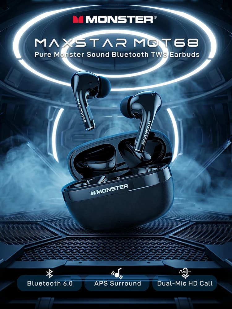 Monster MQT68 Wireless Bluetooth 6.0 Earphones In Ear TWS Wireless Earbuds Sports Bluetooth Headphones for iPhone Samsung Xiaomi