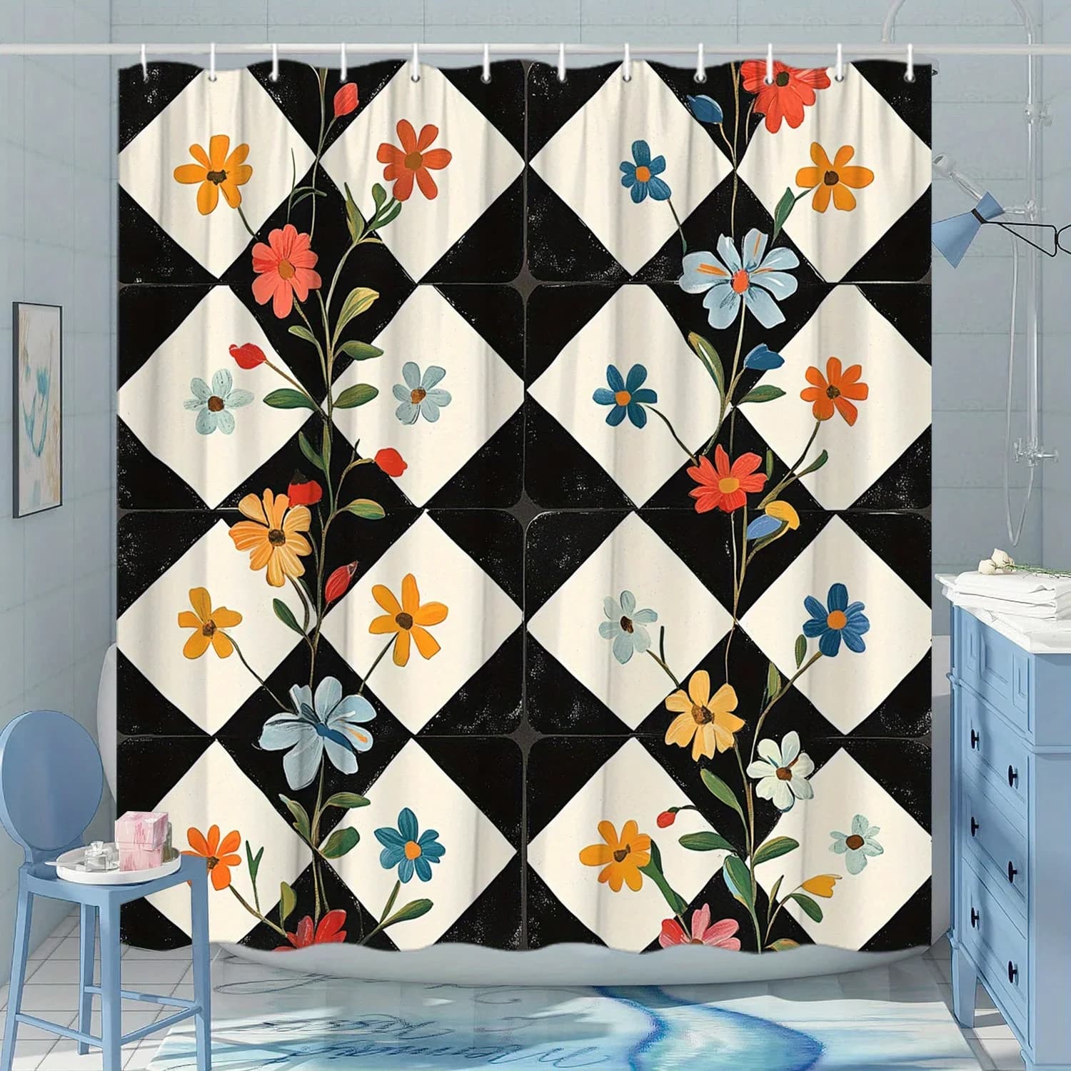 Tenda da doccia a quadretti bianca floreale da 1 pezzo - Fiori vivaci, arancione rosso blu giallo verde, poliestere, arredamento per il bagno