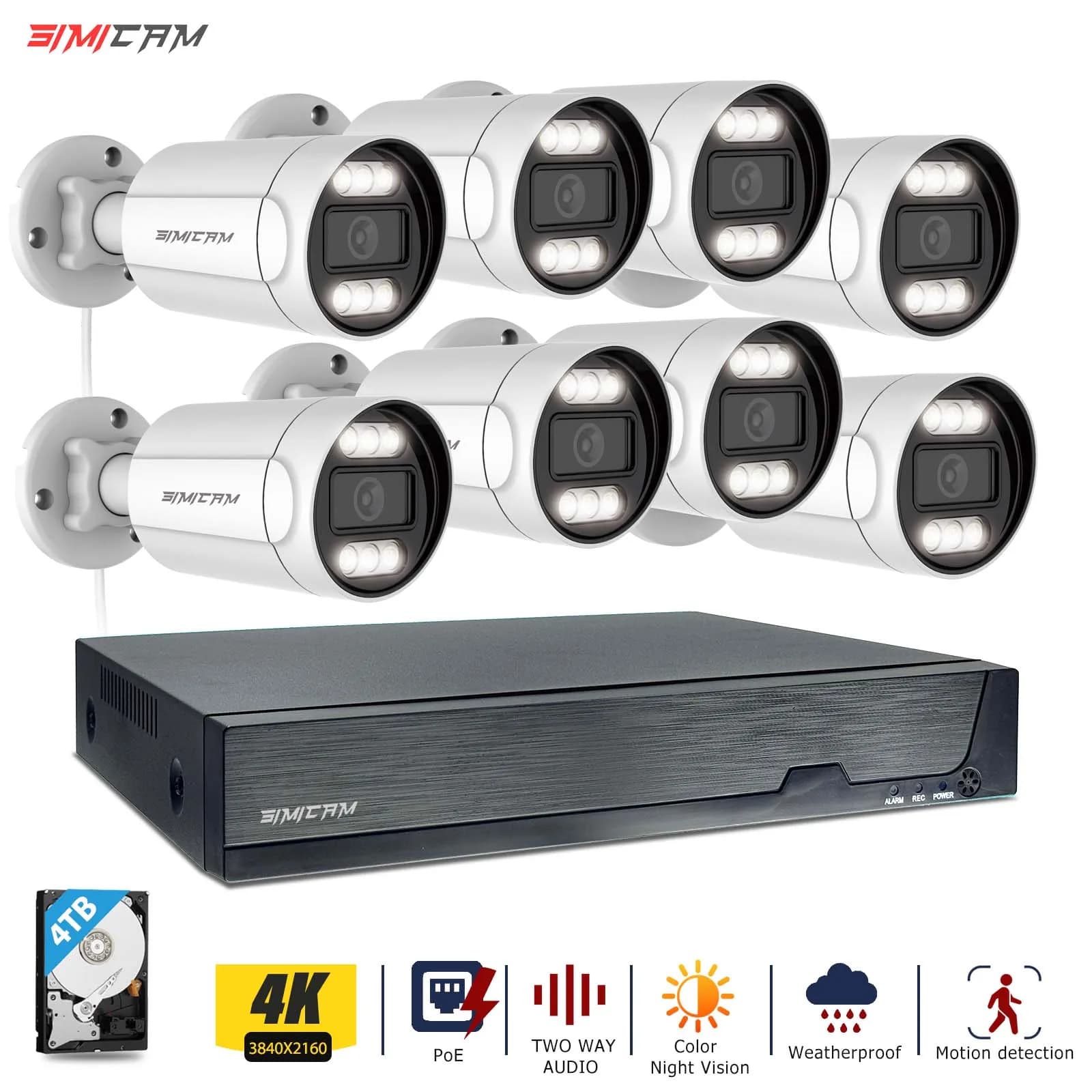 Security camera system PoE IP 4K 8CH External surveillance wired with night color vision Audio bidirectional CCTV cameras 4/6/8 pieces