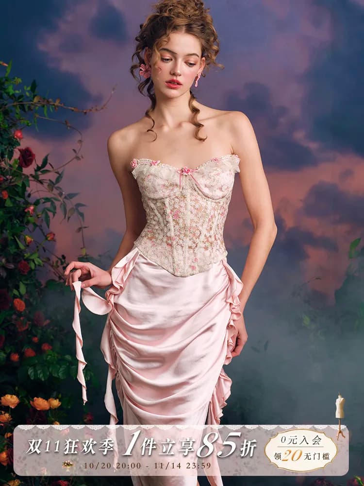 LaceMade Design originale da favola con fiori pesanti ricamati in pizzo a lisca di pesce e gonna longuette in pizzo a sirena rosa, set da 2 pezzi