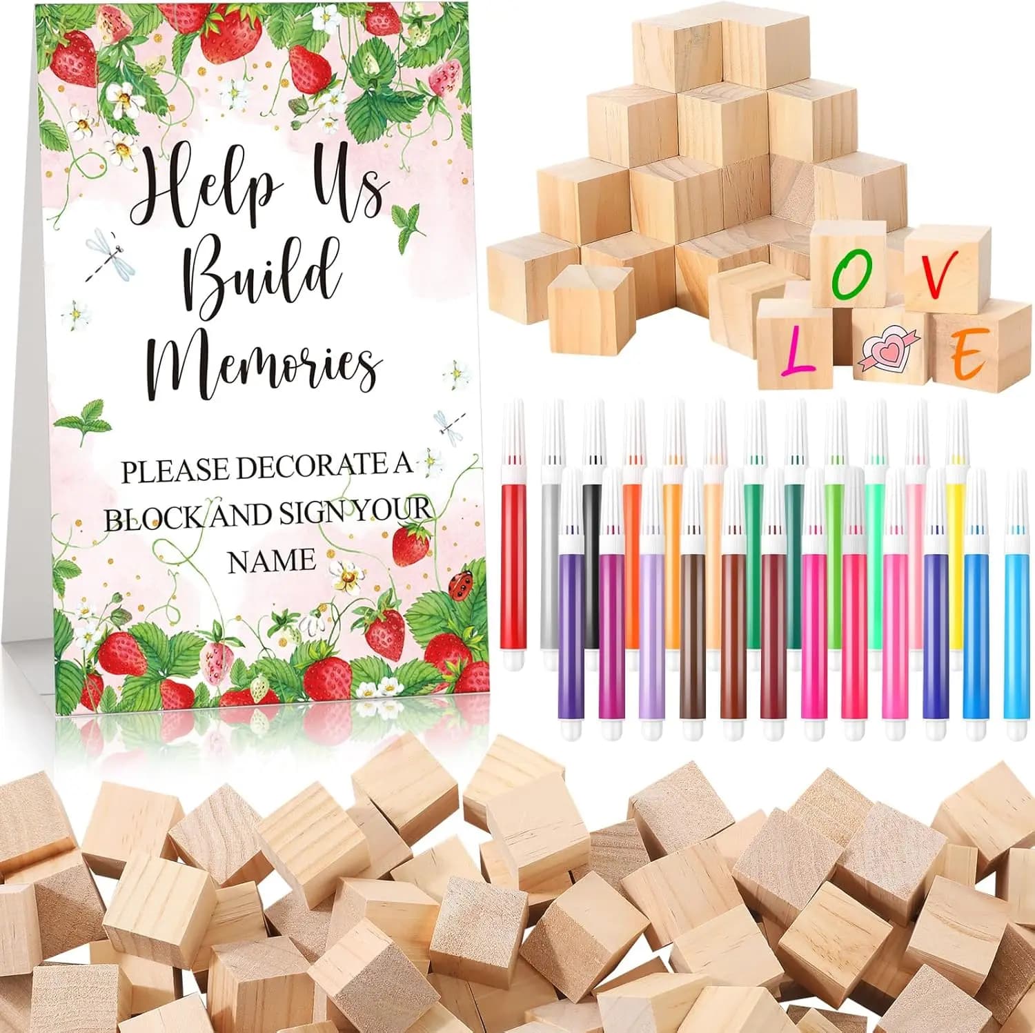 Set da 125 Pezzi per Gioco con Blocchi per Baby Shower - Blocchi in Legno Fai-da-Te e Pennarelli per Divertimento alle Feste